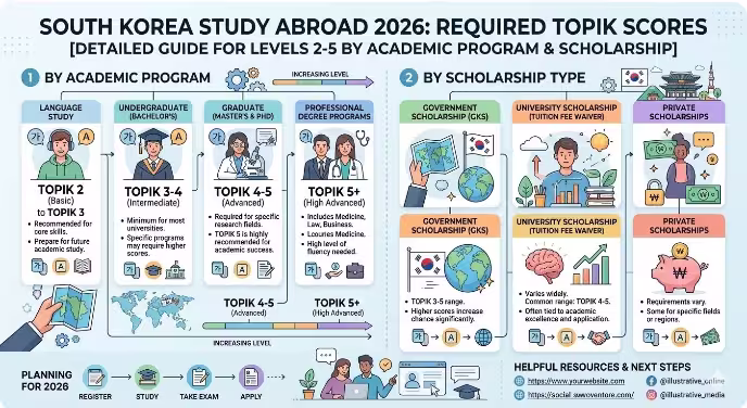 Du Học Hàn Quốc 2026 Cần TOPIK Bao Nhiêu? [Hướng Dẫn Chi Tiết Cấp 2–5 Theo Hệ Học & Học Bổng]