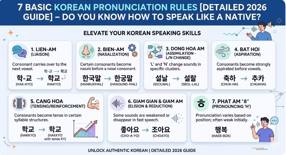 7 Quy Tắc Phát Âm Tiếng Hàn Cơ Bản [Hướng Dẫn Chi Tiết 2026] – Bạn Có Biết Cách Nói Như Người Bản Xứ?